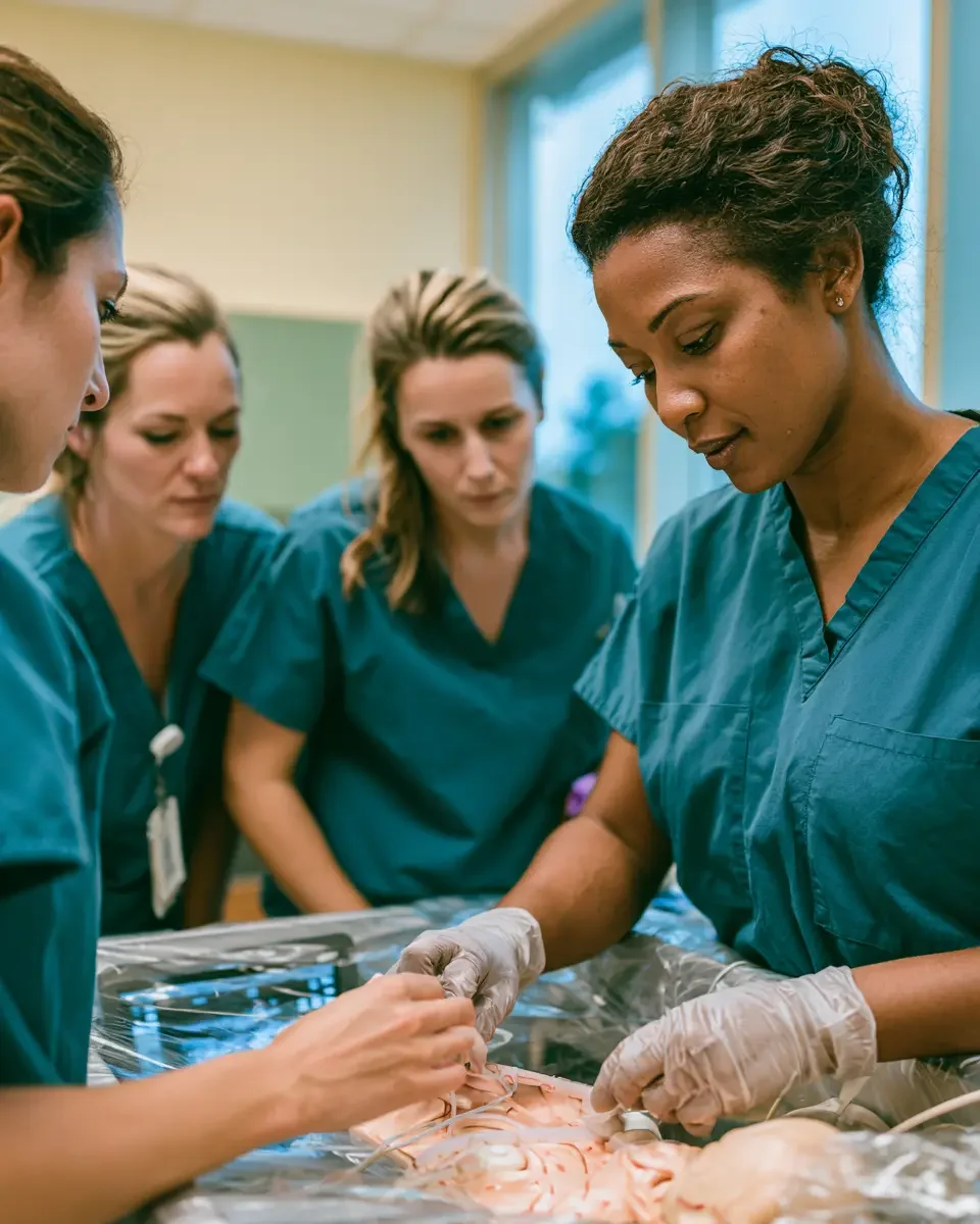 A group of female healthcare professionals in scrubs performing a surgical procedure in a hospital.