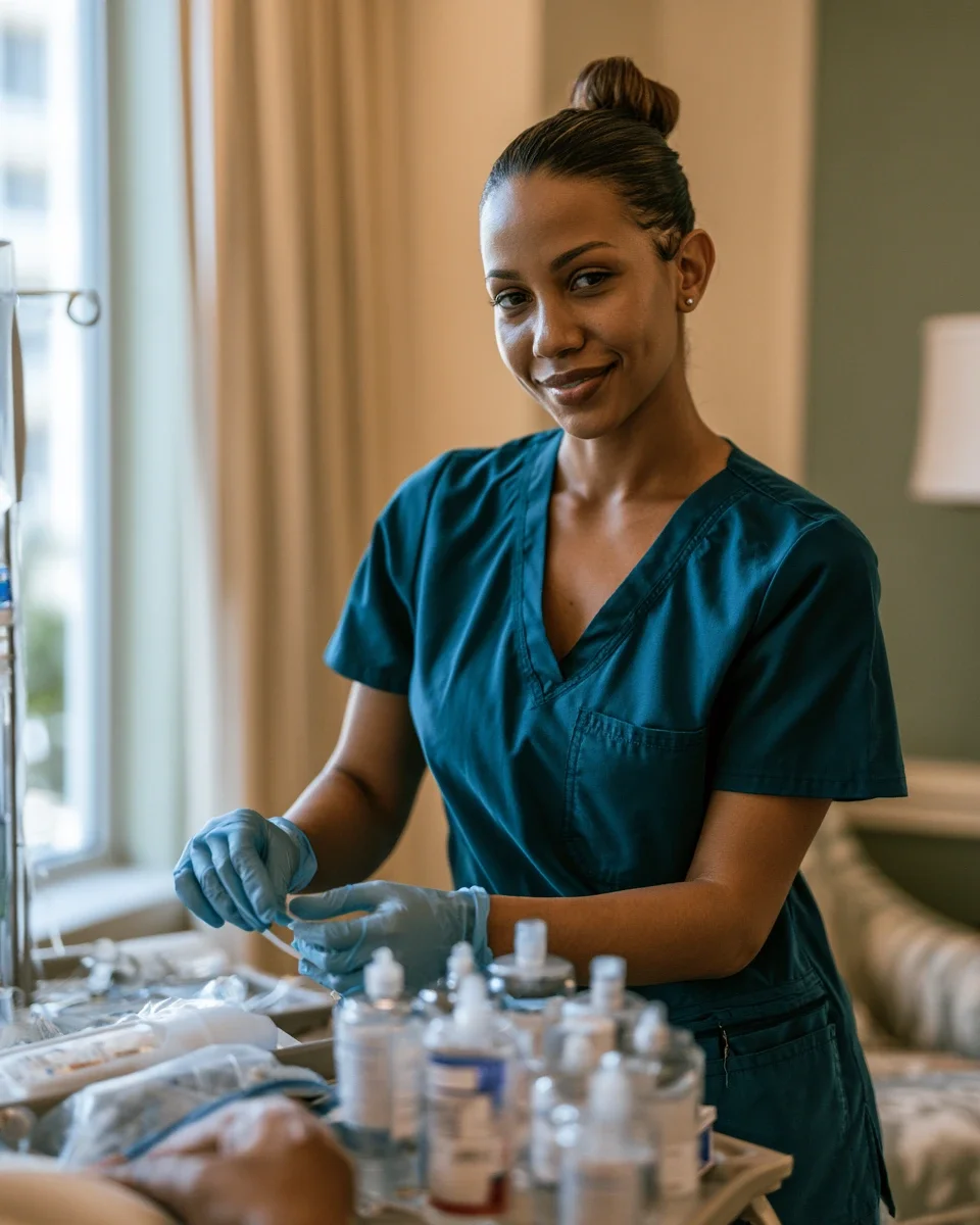 A young woman in medical scrubs and gloves smiling while preparing medical supplies in a well-lit room.