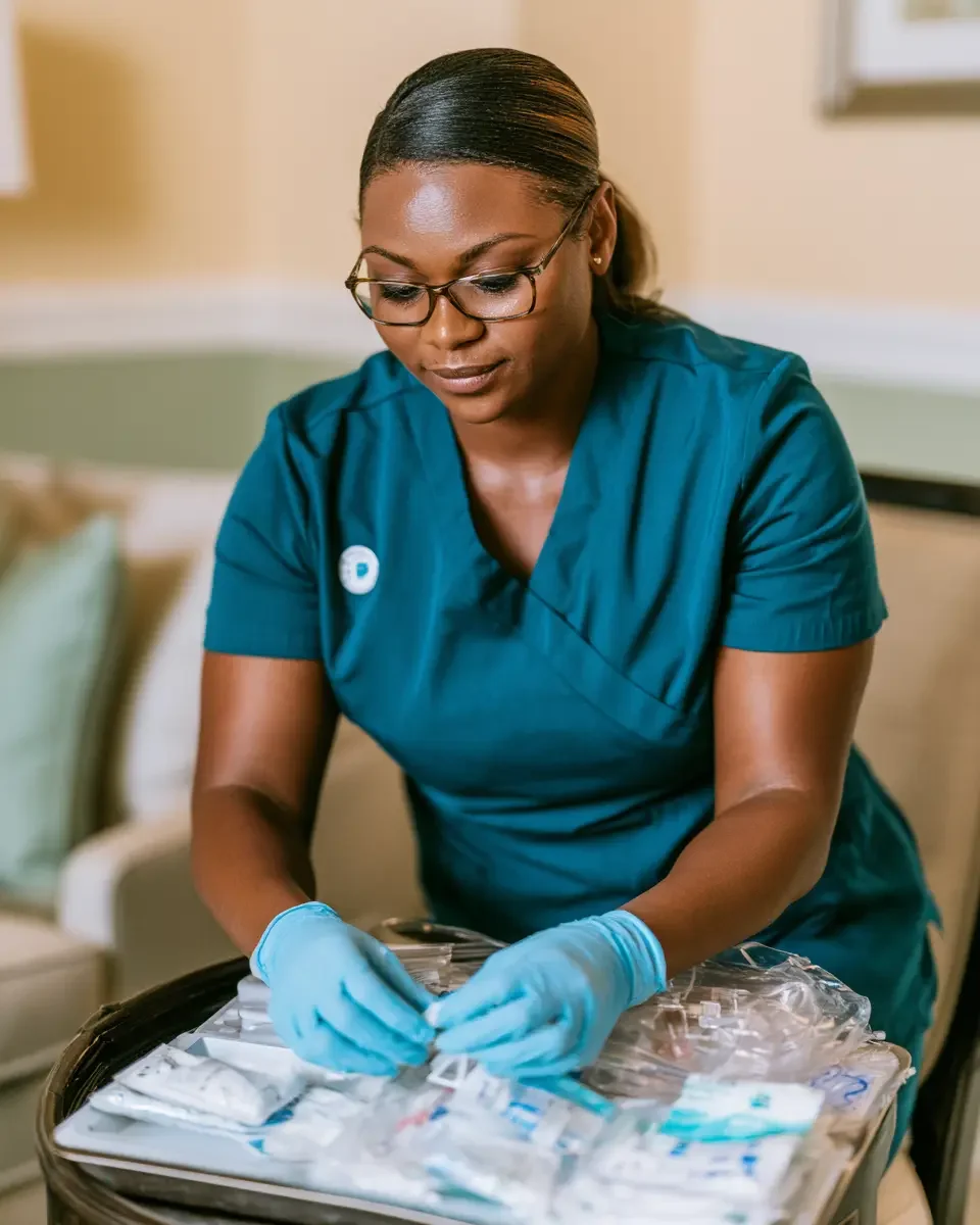 Nurse organizing medical supplies in a healthcare setting.