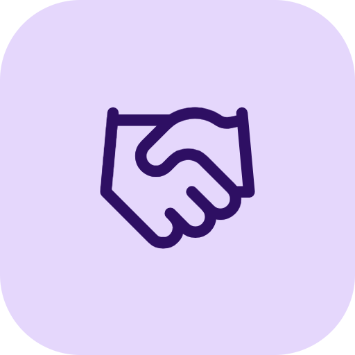 Icon of two hands shaking, representing agreement or partnership, with a purple background.