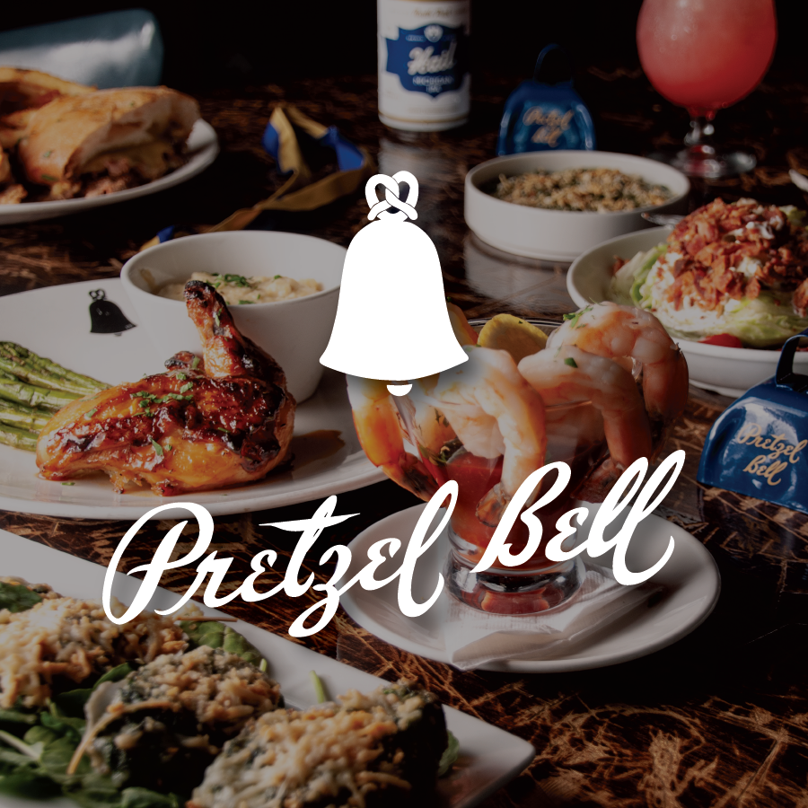 A table full of food from Pretzel Bell in Ann Arbor, Michigan.