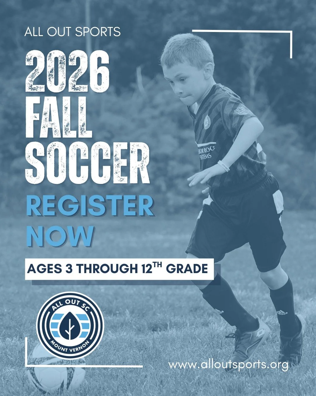 Registration for All Out Sports 2026 Fall Soccer League is NOW OPEN! 

Don't miss out on this opportunity for players age 3 through 12th grade! Secure your spot today at alloutsports.org and get ready to kick off an unforgettable season! #AllOutSport