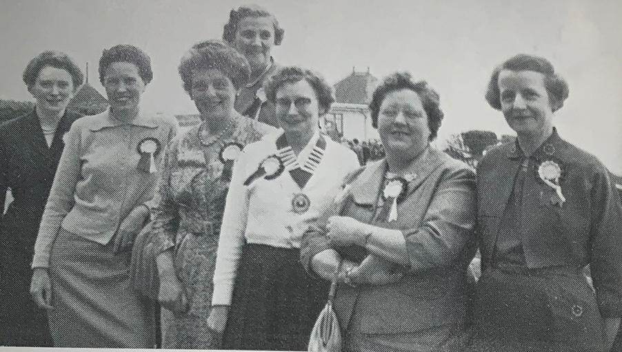 Black and white photo of seven women standing outdoors, some wearing ribbons on their clothing. They are smiling and posing for the camera.