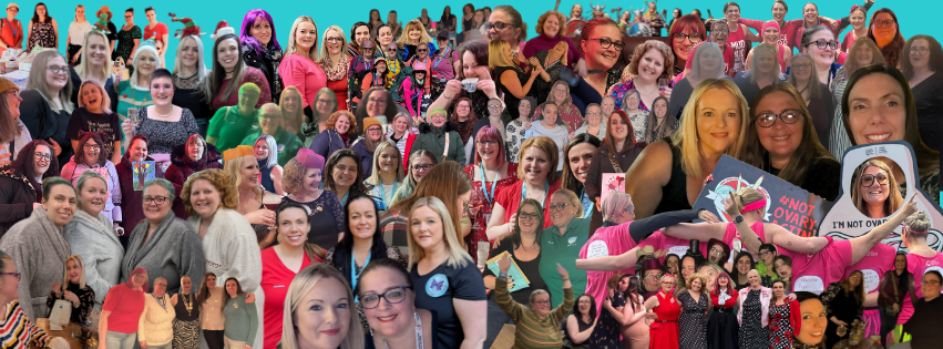 A large group of diverse women and girls gathered together at an event supporting ovarian and hormonal health awareness, some holding signs and photos, with a bright, colorful background.