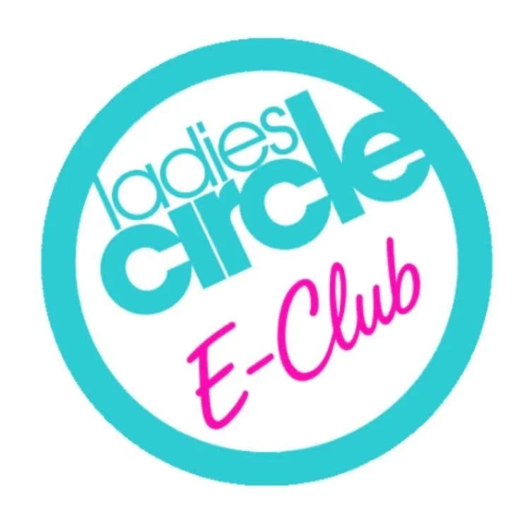 Logo for Ladies Circle E-Club with blue circular border, teal and pink text.