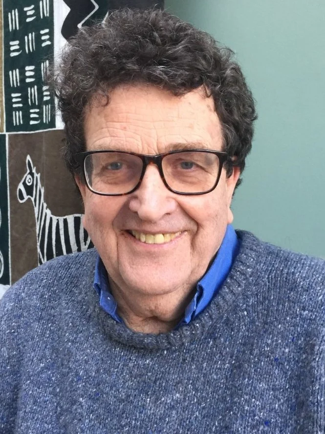 A smiling middle-aged man with curly dark hair, glasses, wearing a blue collared shirt and a gray sweater, standing indoors in front of an African-style patterned fabric or artwork featuring a zebra.