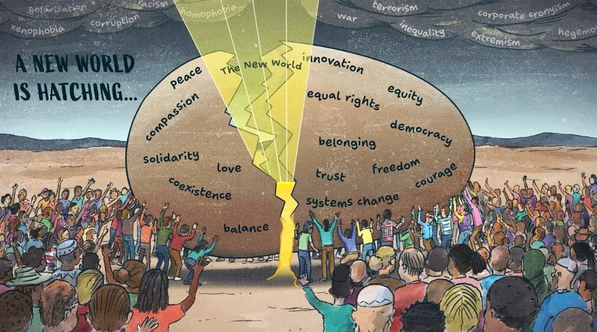 A crowd of diverse people holding hands around a split globe. The globe shows a cracked surface with words related to peace, love, equality, and change. On the left side, words like compassion, solidarity, love, coexistence, and balance are visible. On the right side, words include innovation, equal rights, democracy, belonging, freedom, trust, systems change, and courage. Lightning bolts and rays emanate from the crack with the phrase "A NEW WORLD IS HATCHING..." in the background.