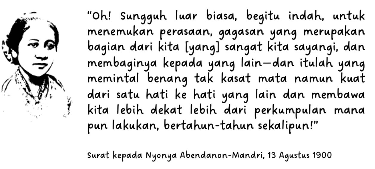 A black and white illustration of a young girl on the left side of the image, with a quote in Indonesian on the right side. The quote discusses the beauty of a simple perspective on friendship and connection. There is also a note indicating the quote is from a letter dated August 13, 1900.
