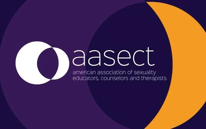 Logo of the American Association of Sexuality Educators, Counselors, and Therapists (AASECT) featuring interconnected white shapes and text on a purple and orange background.