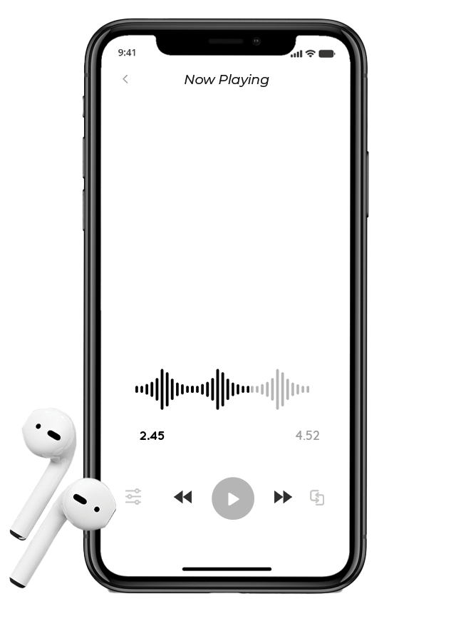 Smartphone displaying a music or voice recording app with a waveform, play button, and earbuds placed beside the phone.
