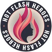 Logo for Hot Flash Heroes featuring a silhouette of a woman's face with flames in pink and purple tones.