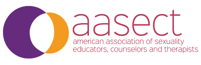 Alogo of AASECT, the American Association of Sexuality Educators, Counselors, and Therapists, featuring three overlapping circles in purple, orange, and white with the organization name next to it.