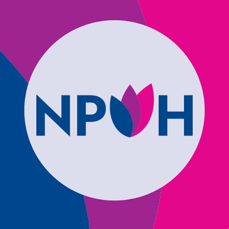 Logo of NPOH with a purple and pink background and a floral design in the center.