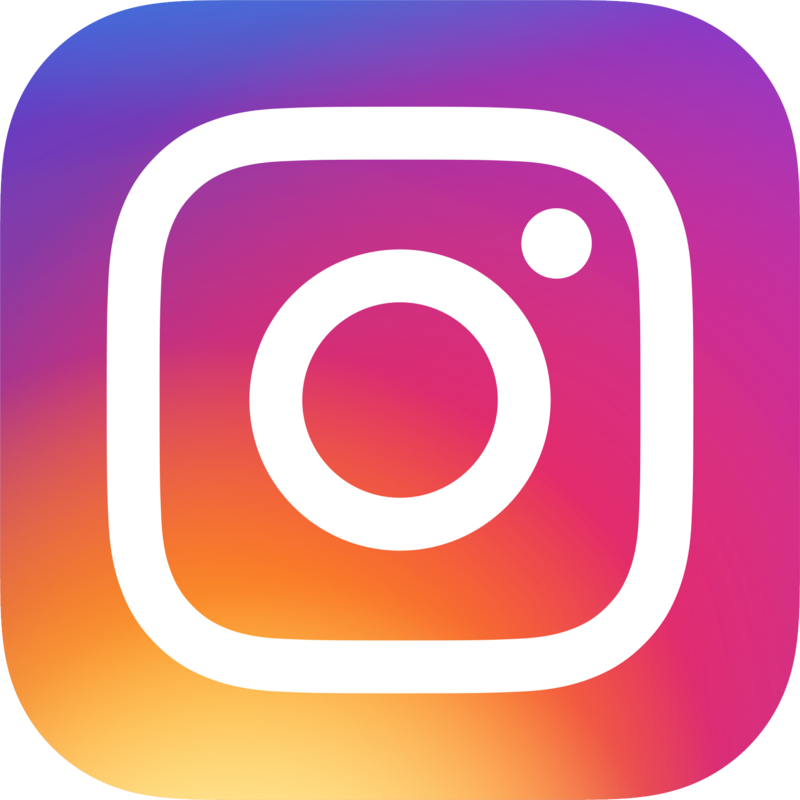 Square Instagram logo with gradient background in purple, pink, orange, and yellow.