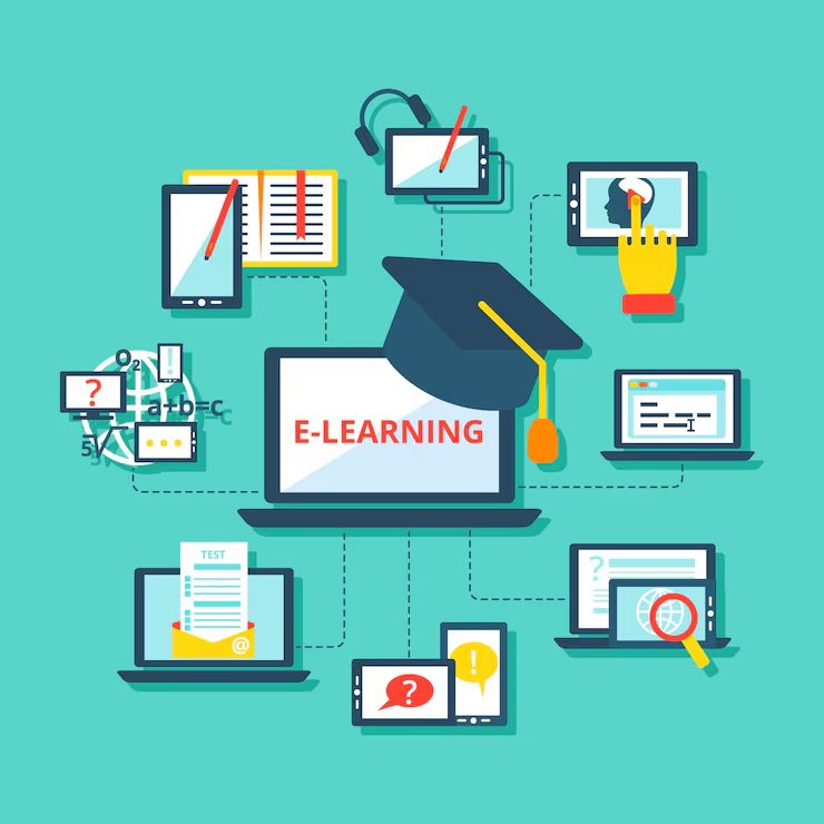 Digital illustration of online learning devices and tools with a central laptop displaying 'E-LEARNING', surrounded by tablets, smartphones, a graduation cap, headphones, and educational icons.