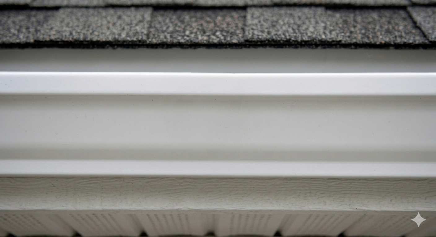 Close-up of roof shingles, window trim, and siding.