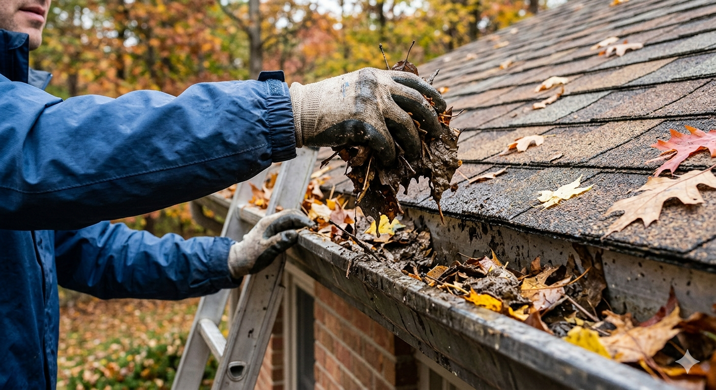 A person cleaning leaves and debris from a roof gutter during fall, wearing work gloves and standing on a ladder.