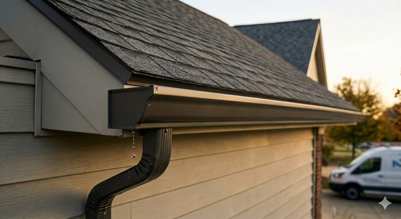 Close-up of a house gutter and downspout system, with water droplets hanging from the gutter during sunset.