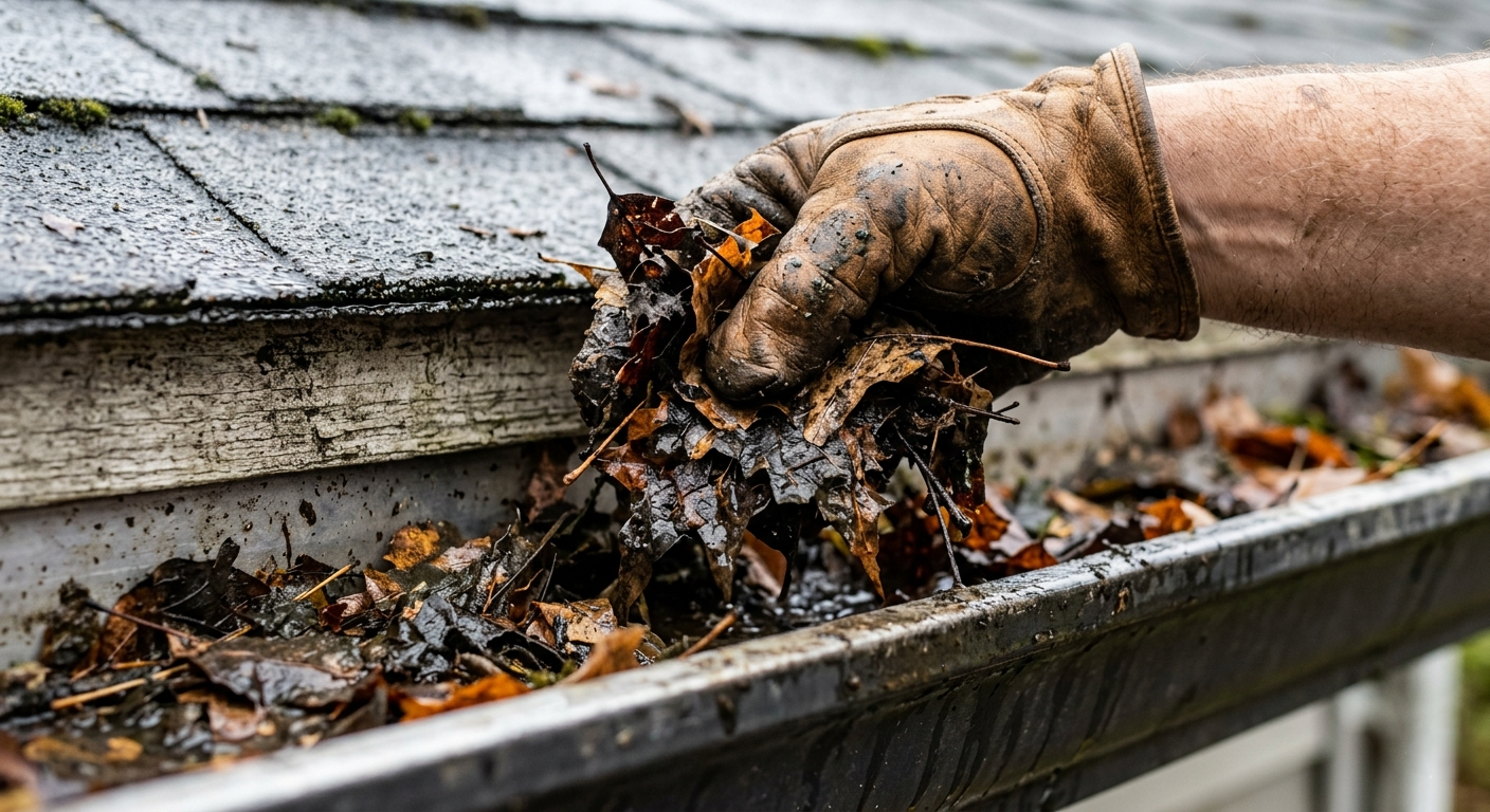 Person raking dead leaves from rain-drenched gutter with gloved hand.