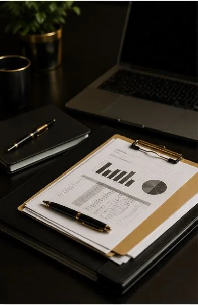 Desk with a laptop, a clipboard with charts, a pen, a notebook, and a small plant in the background.