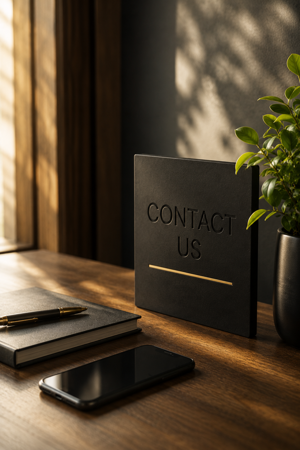 A contact us sign on a wooden desk with a black notebook, a pen, a smartphone, and a potted plant in a black pot.