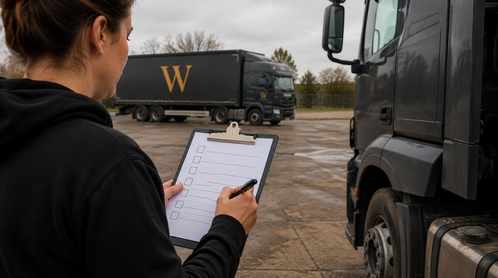 A person in a black hoodie is holding a clipboard and writing on a checklist with a black marker, standing near a large black truck with a second truck in the background on a cloudy day.