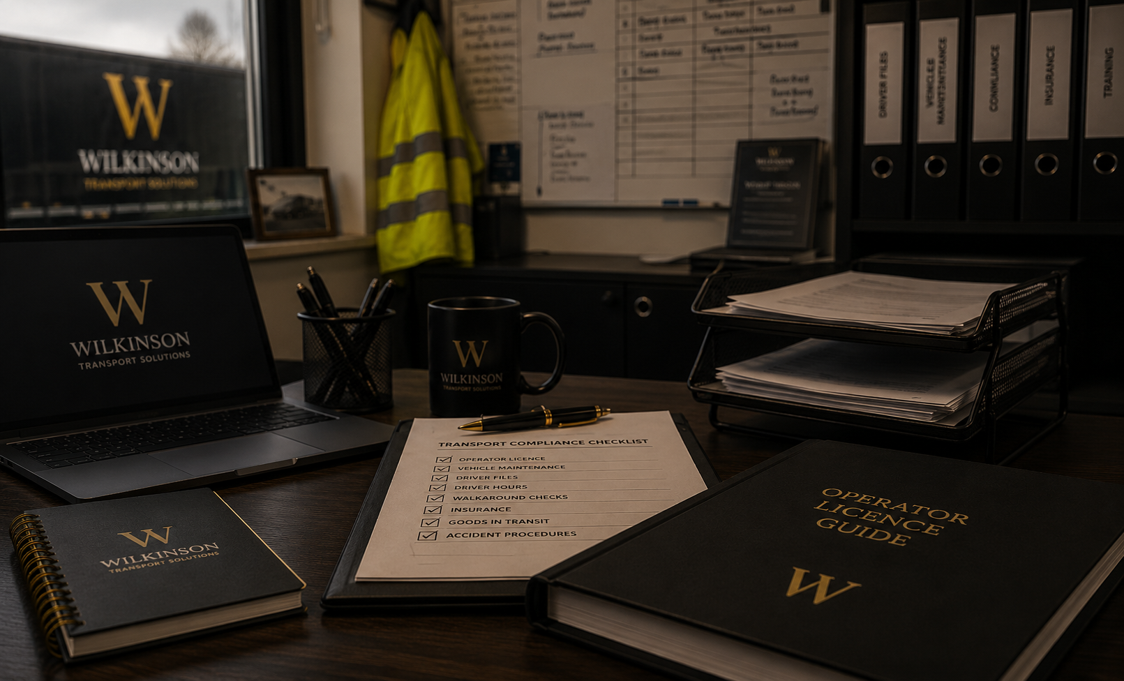 Office desk with Wilkinson Transport Solutions branded materials, including a laptop, notebooks, a mug, and a transport compliance checklist. In the background, safety vests and binders are visible.