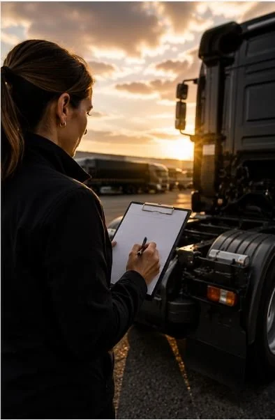 A woman is writing on a clipboard beside a large truck during sunset at a truck stop.