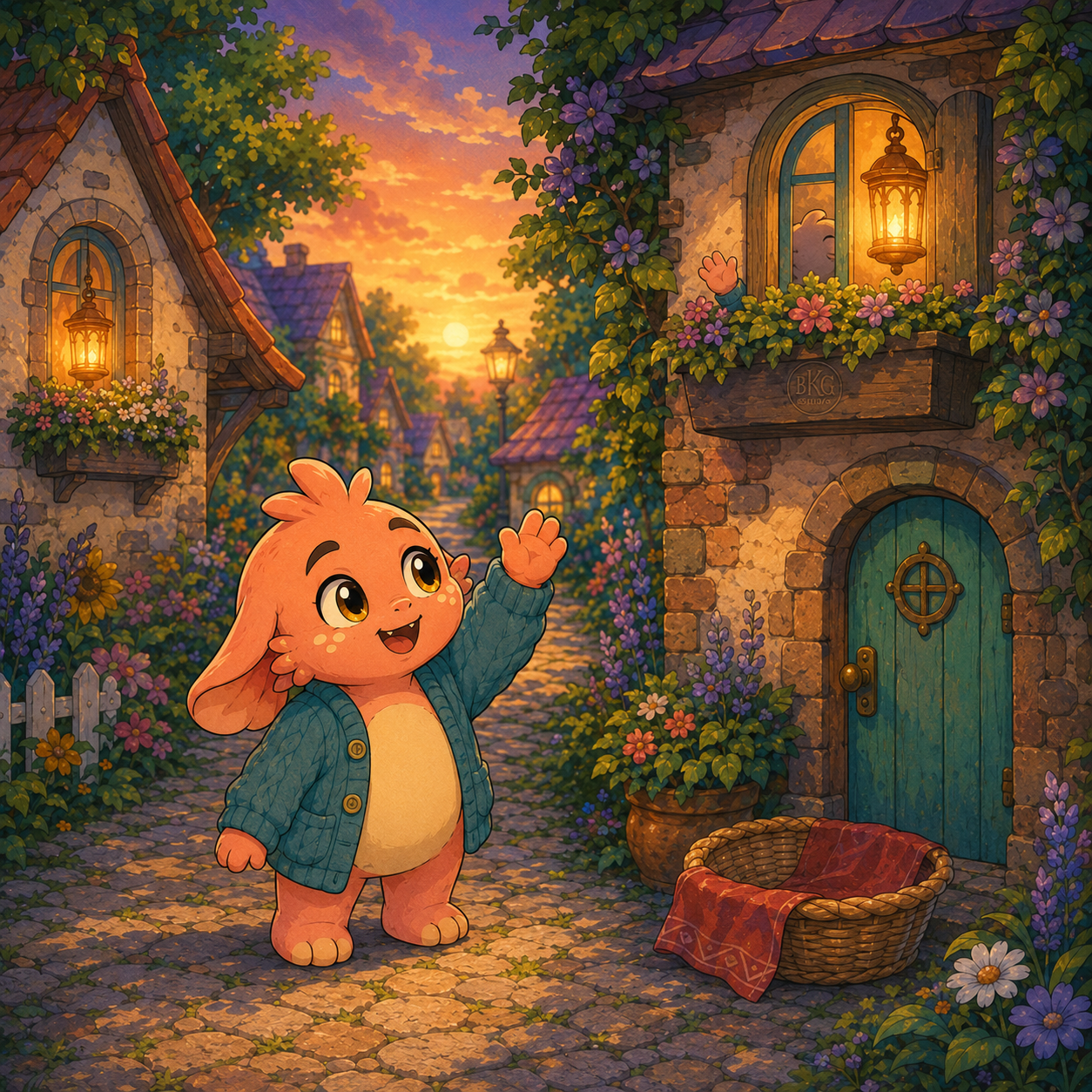 An orange Mirthkin waves to a neighbor on a flower-lined Brightside Borough street at sunset