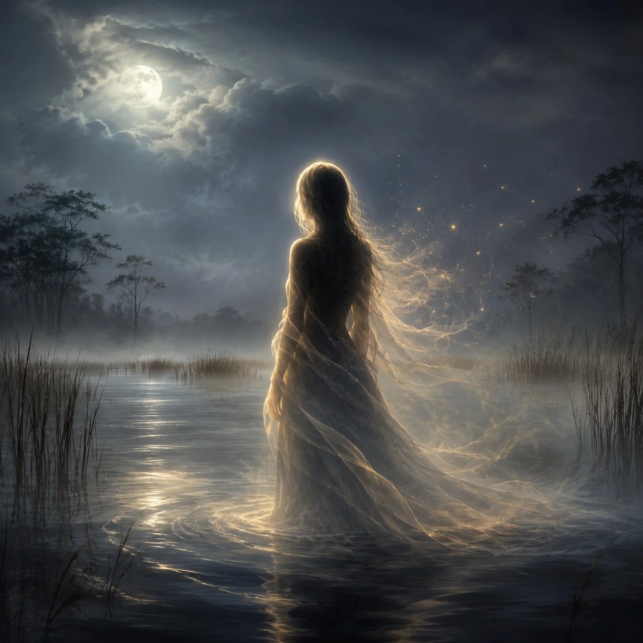 Silhouettes of the Spirit — Whispers preview with a luminous figure beside misty water beneath a moonlit sky