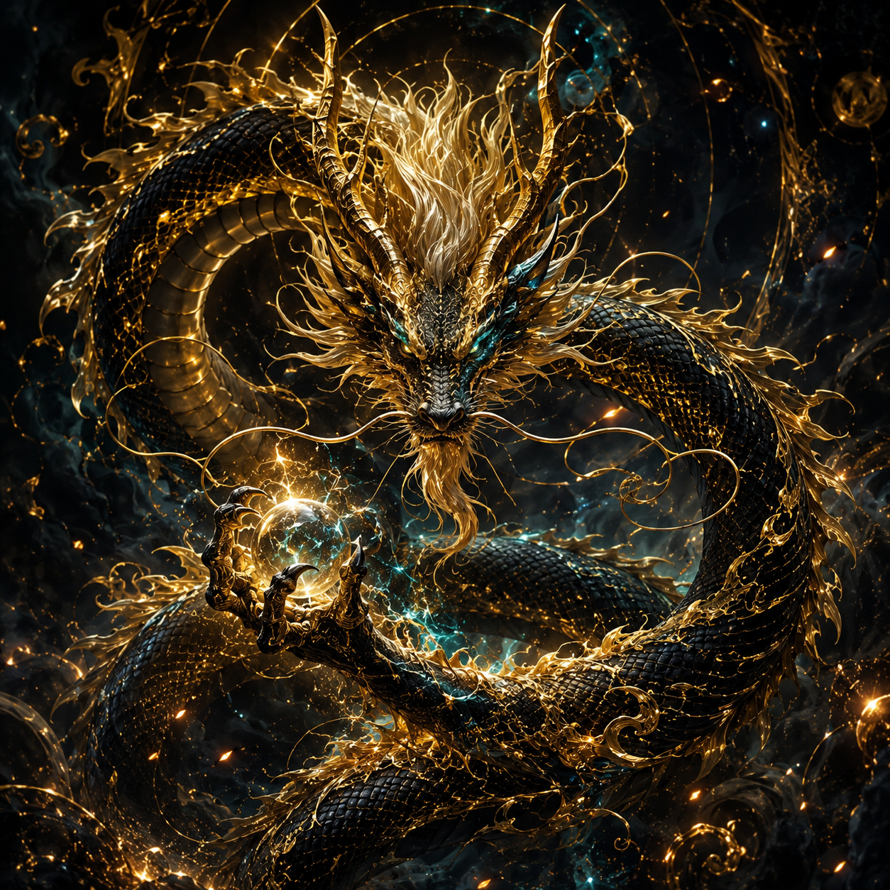 Nine Dragons preview showing a cosmic golden dragon coiled around a glowing orb