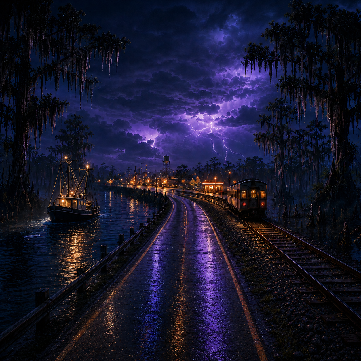 Midnight Parish: After Dark, a storm-lit Louisiana parish with wetlands, railway and harbor at night