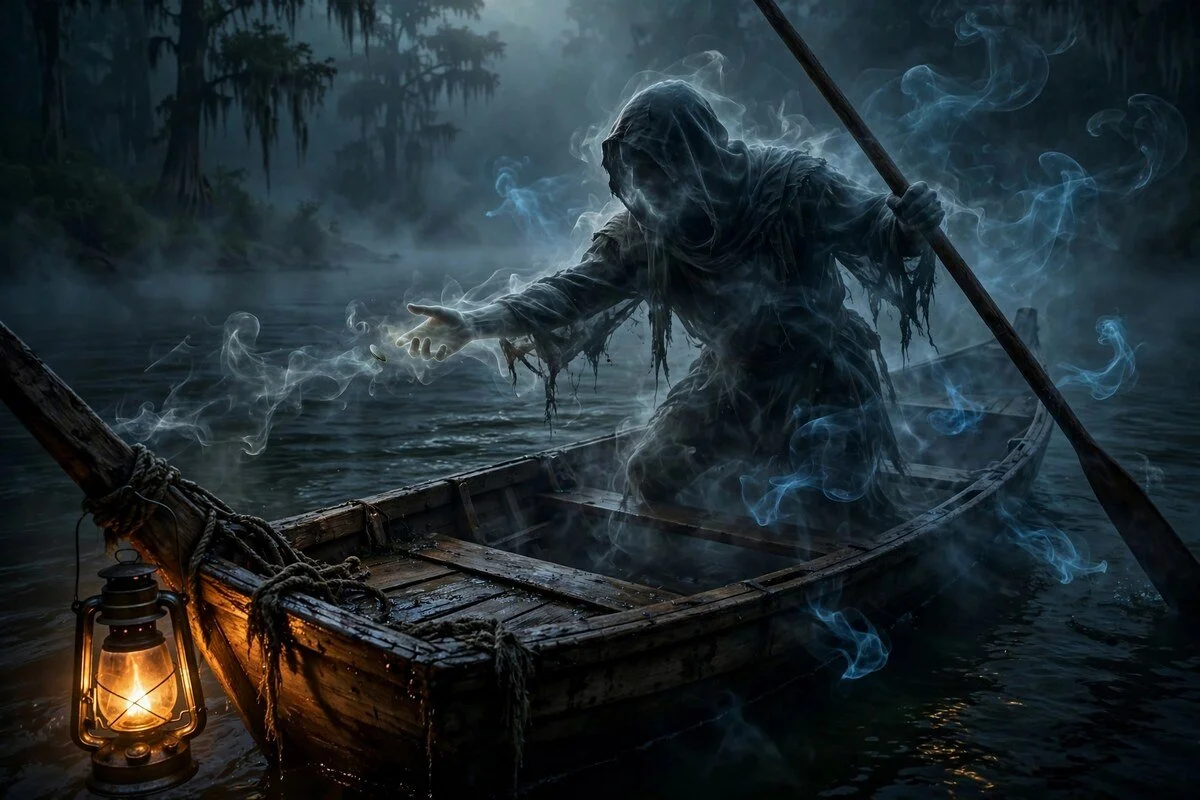 A hooded spectral ferryman stands in a skiff, reaching toward a toll coin above blue swamp mist, from The River Keeps