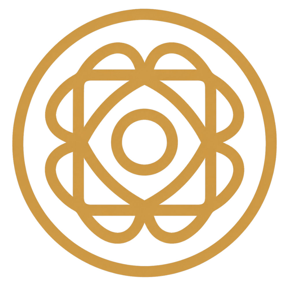 Gold emblem with intricate interconnected lines forming a circular pattern.