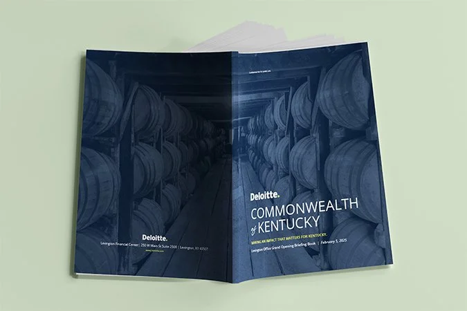 Meeting events guide book for Deloitte Kentucky. Frosting Creative Co. specializes in reports and book design for companies. 
