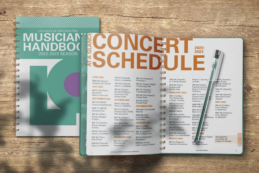 Musician's Handbook created for Louisville Orchestra. Frosting Creative Co. specializes in book designs that help arts groups reach their goals.