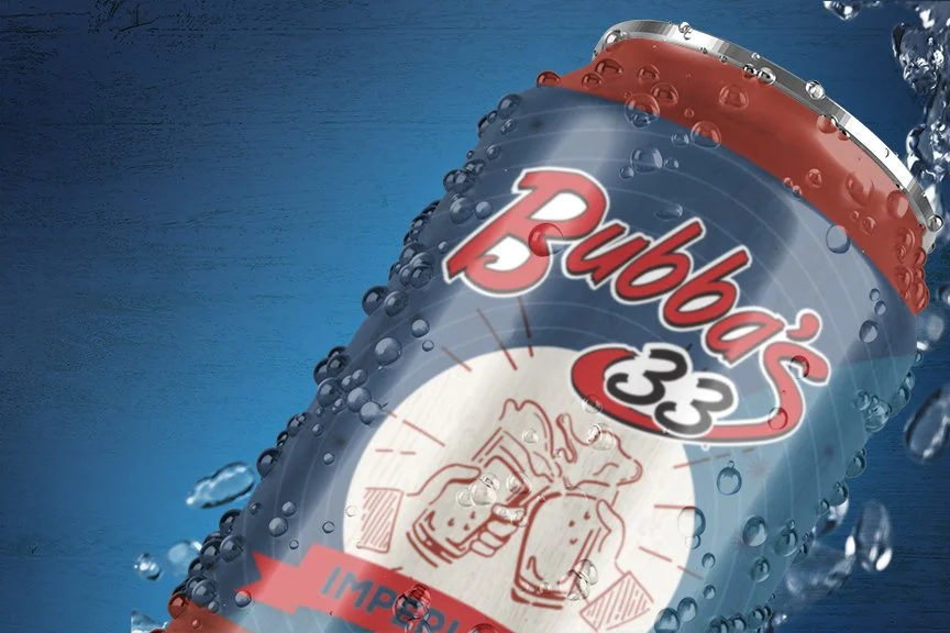 Beer can design for Bubba's 33. Frosting Creative Co. has extensive experience designing for food and beverage companies. 
