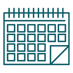 Line drawing of a monthly calendar with a checkmark on a date in the bottom right corner.