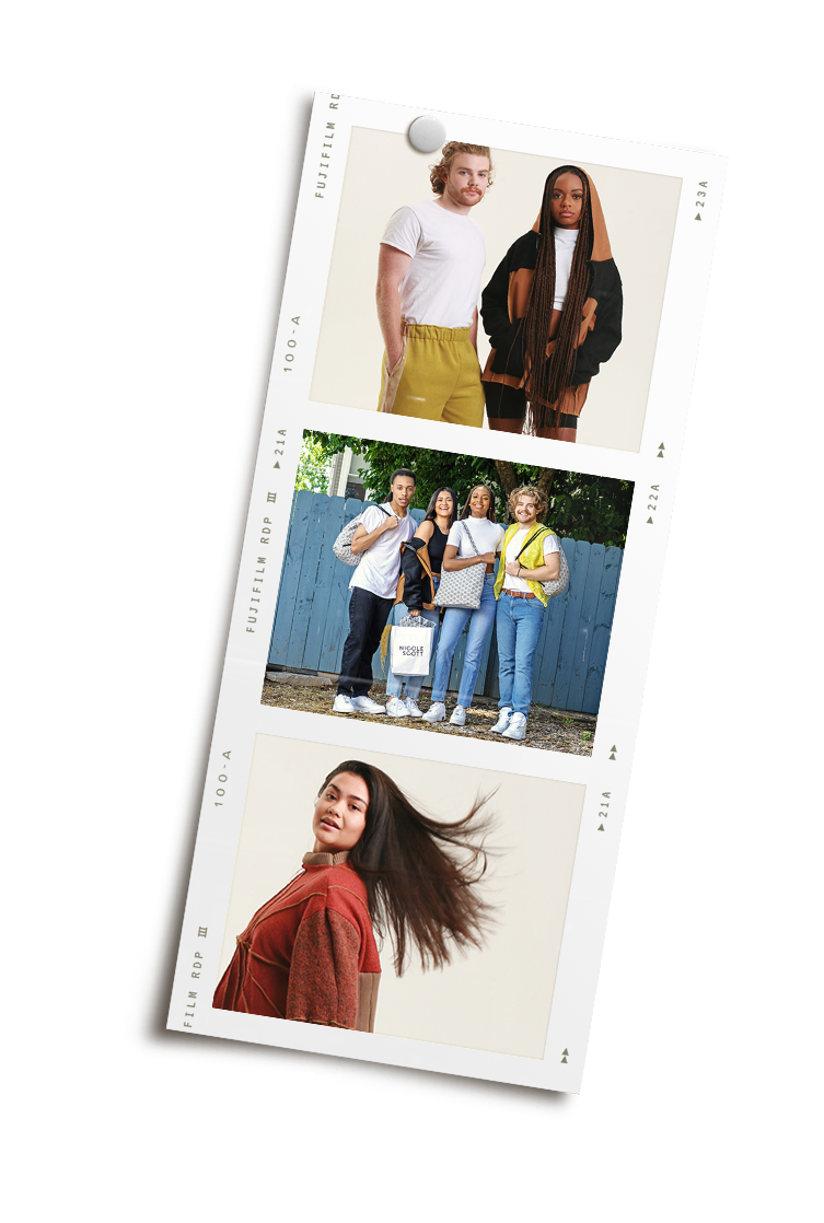 Three fashion/lifestyle photographs of diverse groups of young people posing outdoors and in a studio, showcasing fashions made by a local designer.