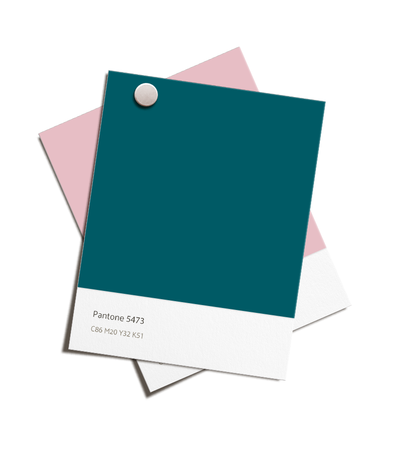 Sample color swatches including Pantone 5473 with color code C86 M20 Y32 K51.