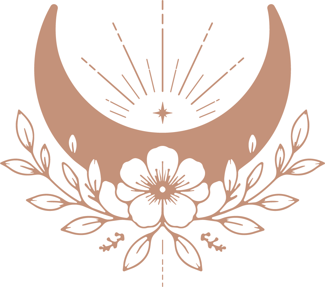 Illustration of a crescent moon, stars, and a flower with leaves, all in a minimalistic style.