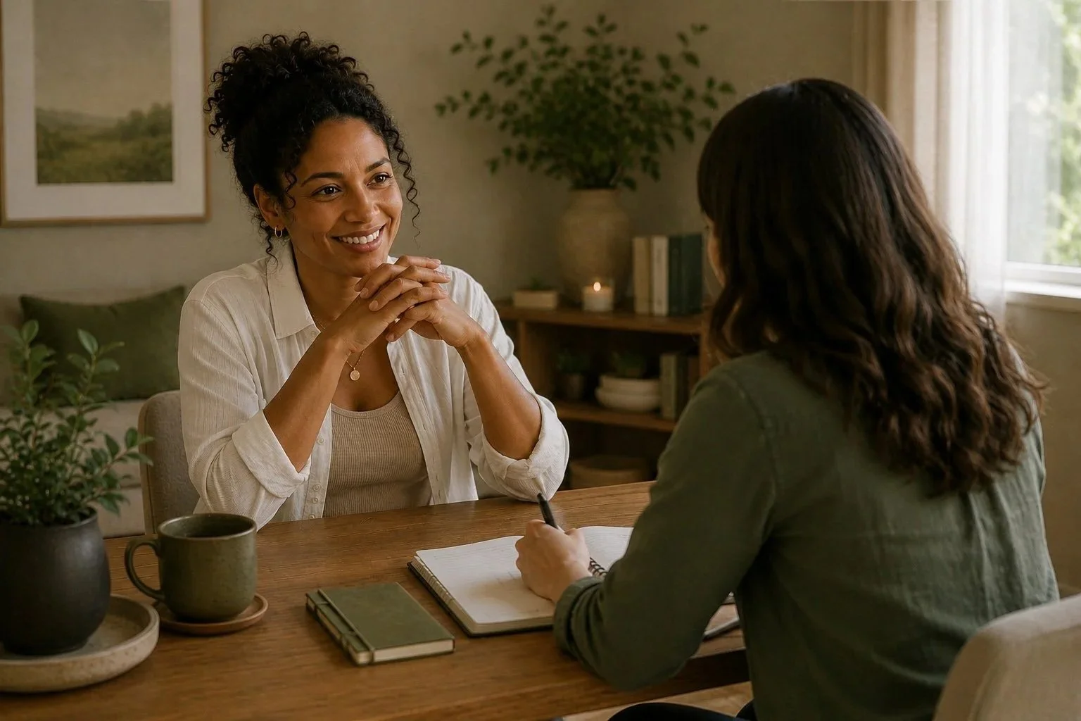 Two women having a conversation at a wooden table with a notebook, a green mug, and a potted plant in a cozy, well-lit room.