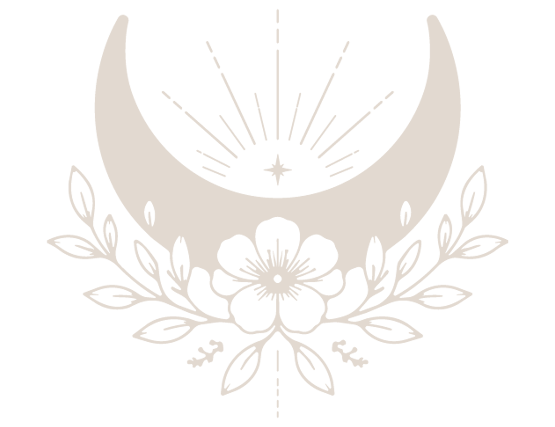 A white skull with floral and botanical designs surrounding it and rays emanating from the top center of the skull.