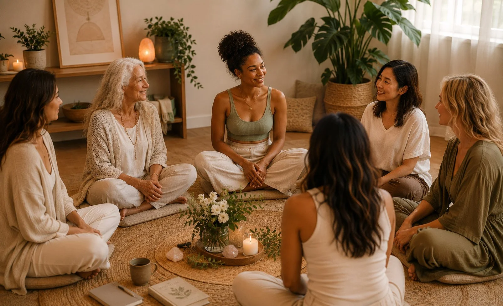 A group of women sitting cross-legged on rugs in a circle having a spiritual or meditation session in a cozy, well-lit room decorated with plants, candles, and artwork.