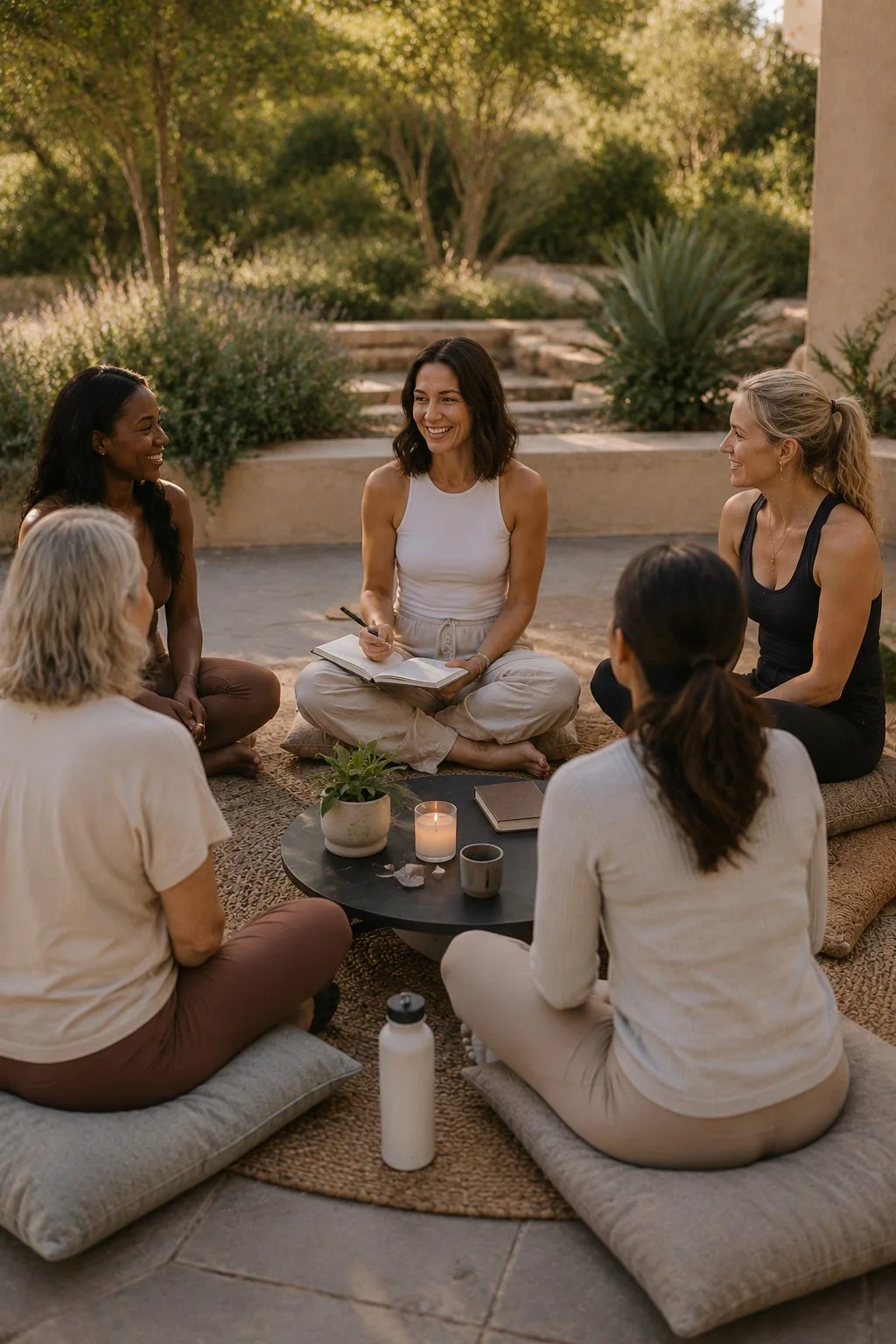 Six women sitting on cushions and a rug in a circle outdoors, engaged in conversation, with a small table holding a lit candle, a plant, and cups, in a garden setting during sunset.
