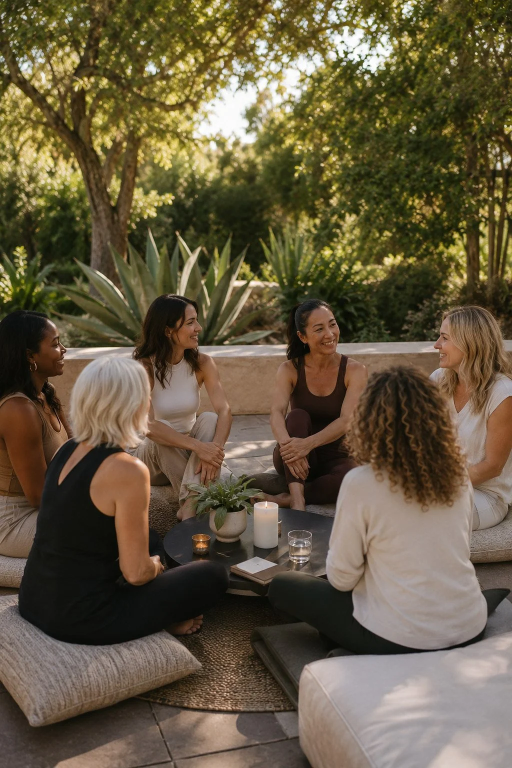 A group of seven women sitting on cushions and a low table outdoors, engaging in conversation during a sunny day surrounded by lush greenery.