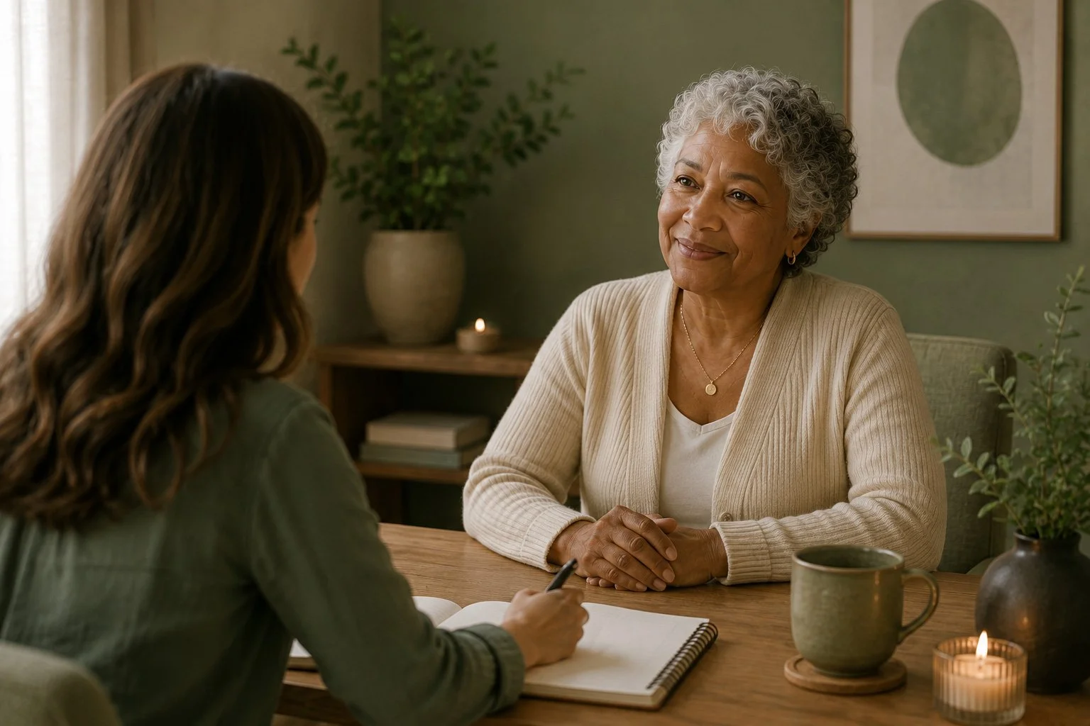 A woman with curly gray hair and a beige cardigan is sitting at a wooden table, smiling and listening to another woman with brown hair who is holding a pen and writing in a notebook.