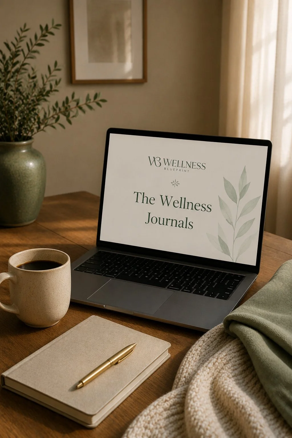 A laptop displaying the text 'The Wellness Journals' from WellNess Blueprint on a wooden desk. Beside the laptop is a cream-colored notebook with a gold pen, a mug of coffee, a green cloth, a knitted blanket, and a large vase with greenery. In the background, there is a gray wall with a framed picture and a window with curtains.