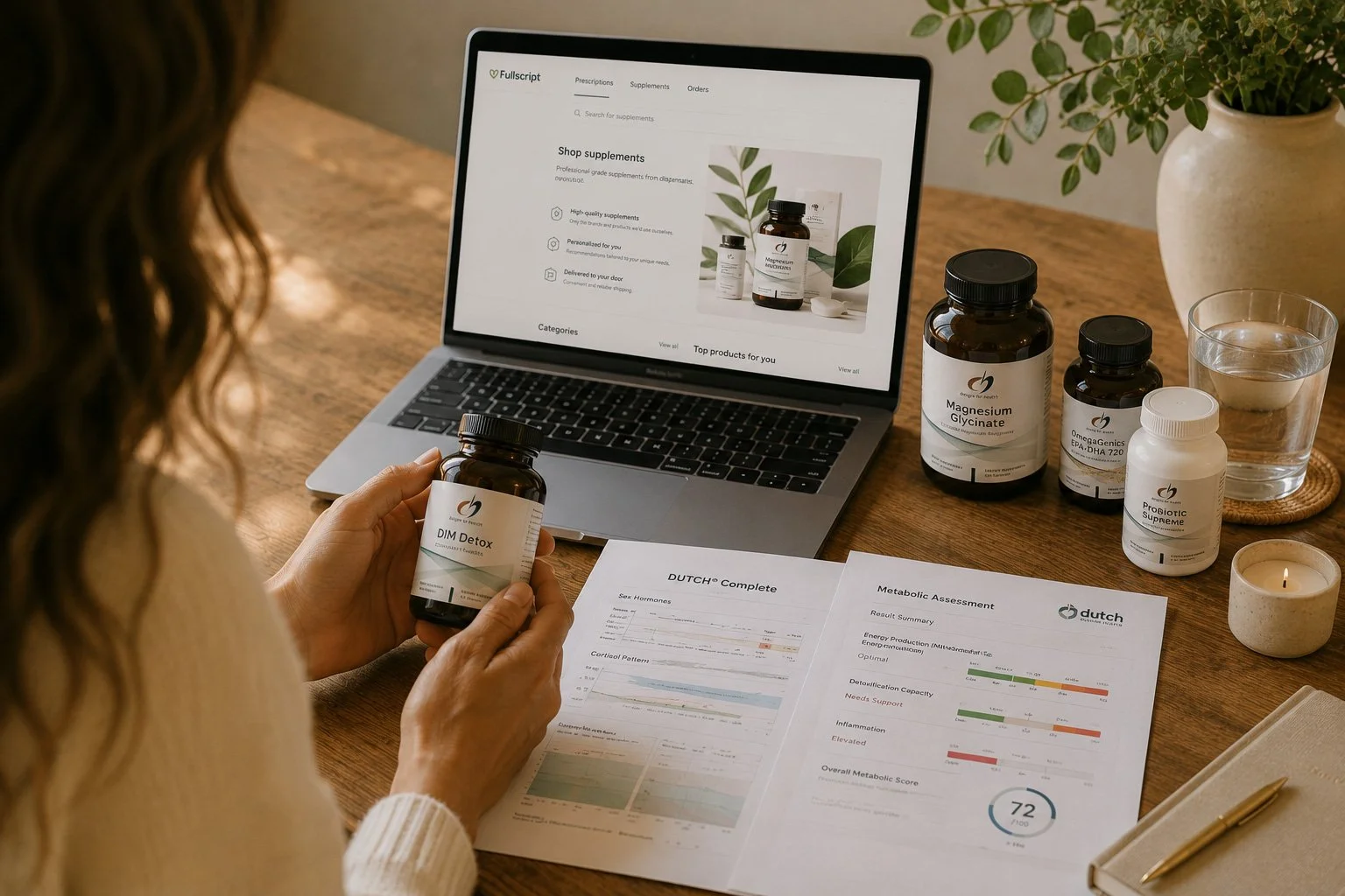 A woman holding a bottle of DIM Detox supplement with a laptop, various supplement bottles, a glass of water, and health reports on a wooden table in a well-lit room.