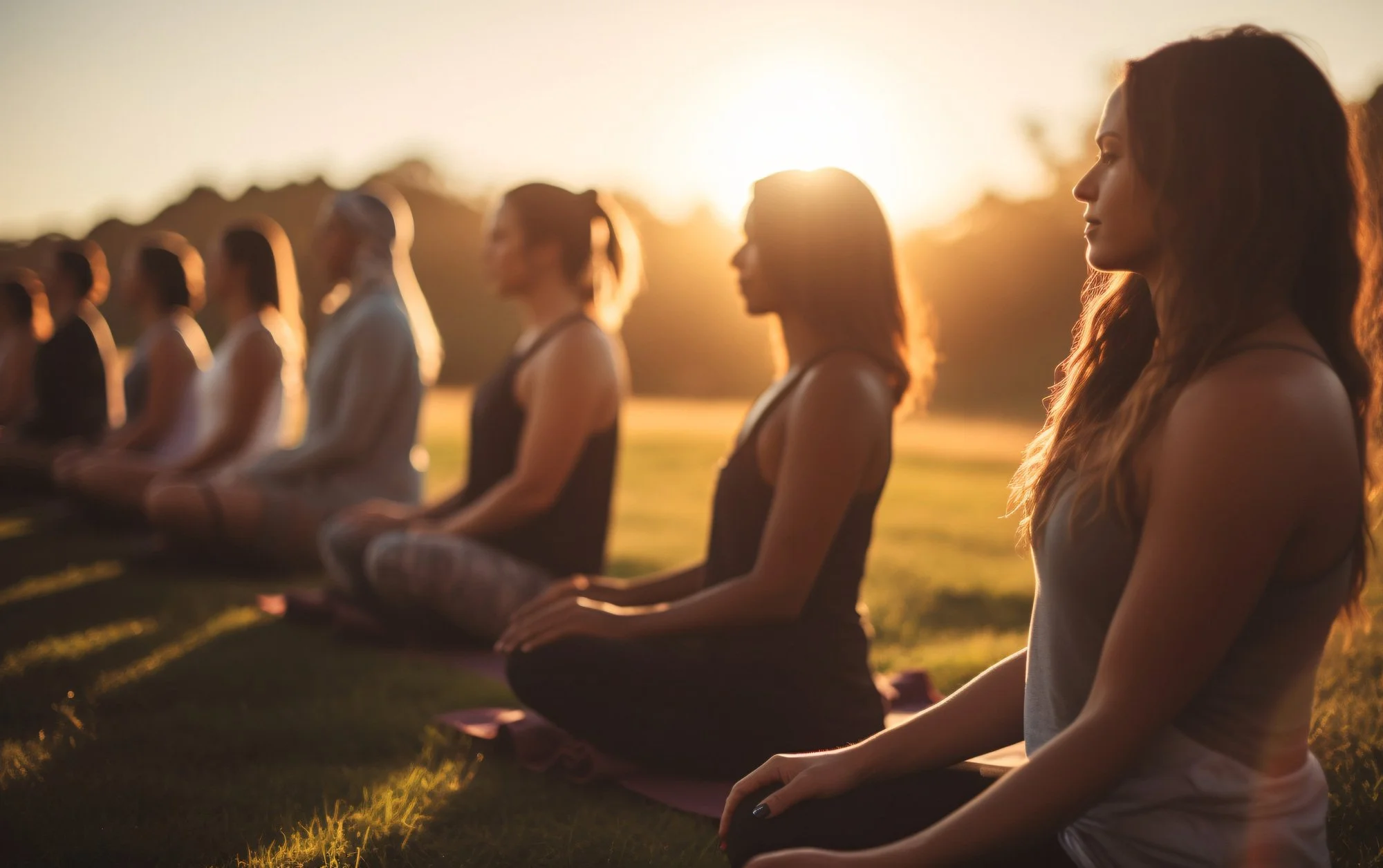 Group of women practicing yoga outdoors during sunset, sitting cross-legged with hands on knees, focusing inward.